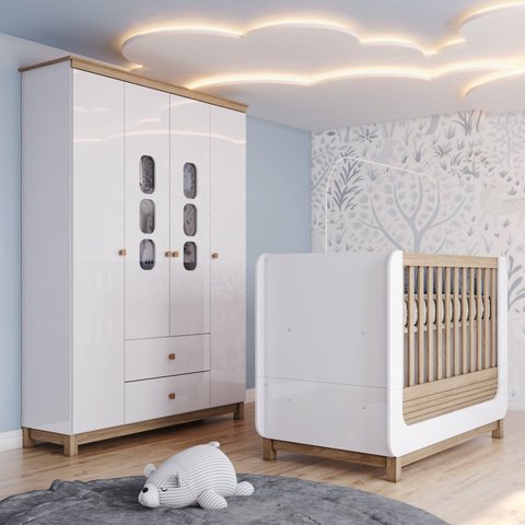 Conjunto Quarto de Bebê Berço 2 em 1 e Guarda-Roupa Sophia Espresso Móveis Branco/Jequitibá HP