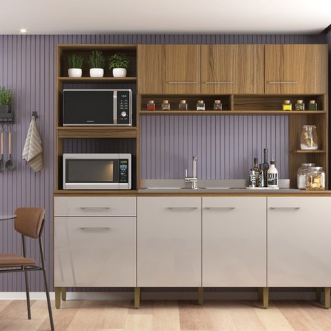 Cozinha Compacta 7 Portas e 1 Gaveta Marrom/Ipe/Cristalo