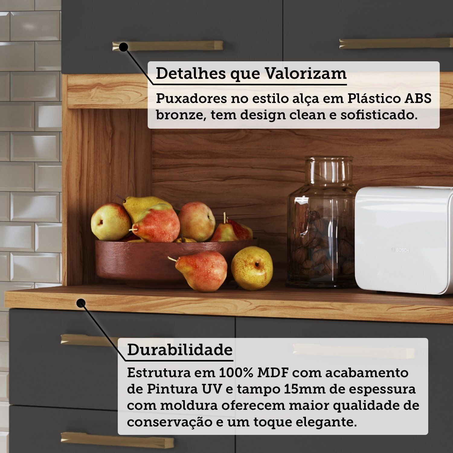 Armário de Cozinha Compacta com 8 Portas e 2 Gavetas 200cm 100