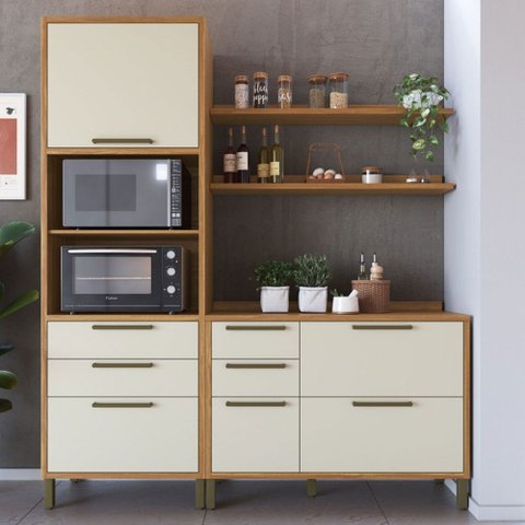 Armário de Cozinha com Balcão e Tampo 4 Portas 5 Gavetas Pérola 100% Mdf Vidro Reflecta Amêndoa/Off 