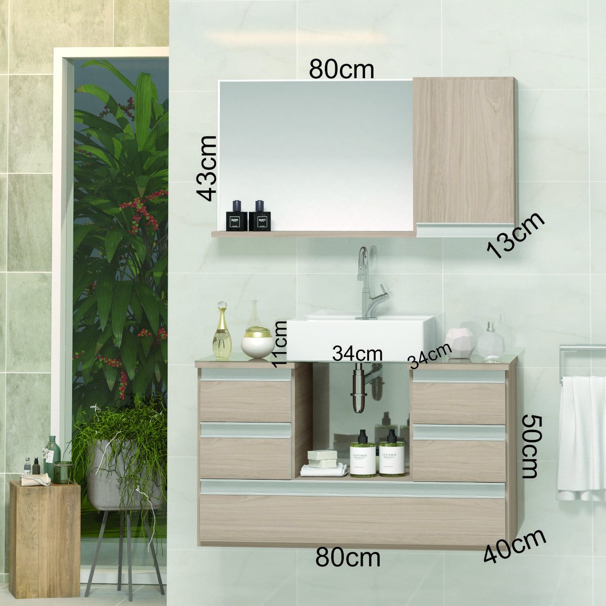 Conjunto Gabinete Banheiro POLO 80cm Madeirado Inteiro- Gabinete + Cuba + Espelheira + Tampo Vidro - 2