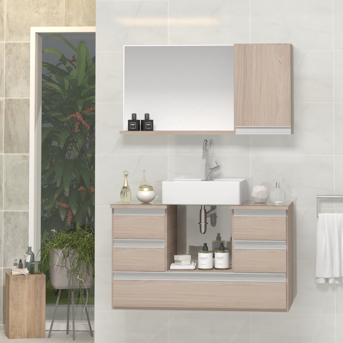 Conjunto Gabinete Banheiro POLO 80cm Madeirado Inteiro- Gabinete + Cuba + Espelheira + Tampo Vidro - 1