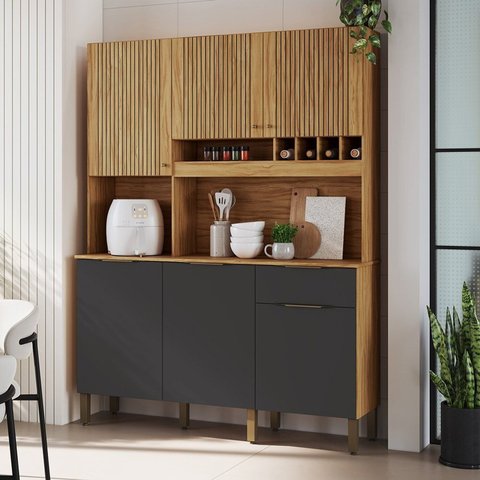 Armário de Cozinha Compacta 6 Portas 1 Gaveta e Mini Adega 151cm 100% MDF Croácia Espresso Móveis Cinza/Amêndoa/Chumbo