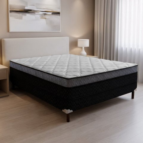 Cama Box Conjugada Casal com Pés de Madeira Maciça Pasquale Preto/Rústico/Branco