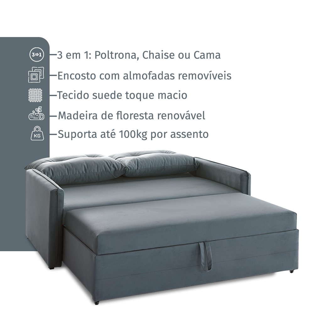 Sofá Icaria 3 em 1 Sofá Chaise Cama 1,50m Cinza Casal - 5