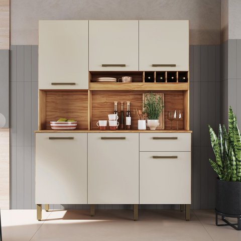 Armário de Cozinha Compacta com 6 Portas 1 Gaveta 151cm 100% MDF Geórgia Espresso Móveis Bege/Amêndoa/Off White