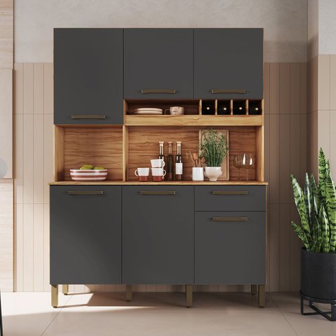 Armário de Cozinha Compacta com 6 Portas 1 Gaveta 151cm 100% MDF Geórgia Espresso Móveis Cinza/Amêndoa/Chumbo