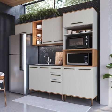 Cozinha Modulada Compacta Isabelle 4 Peças com Torre Quente para 2 Fornos Bege/Freijó/Arenas