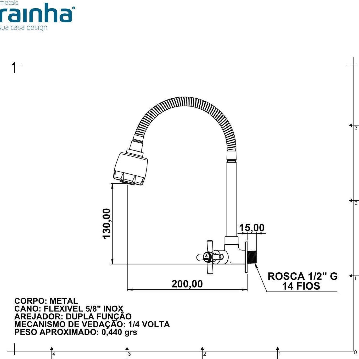 Torneira para Cozinha Gourmet Soft 5/8 1/4 Volta Parede Rainha Metais - 2