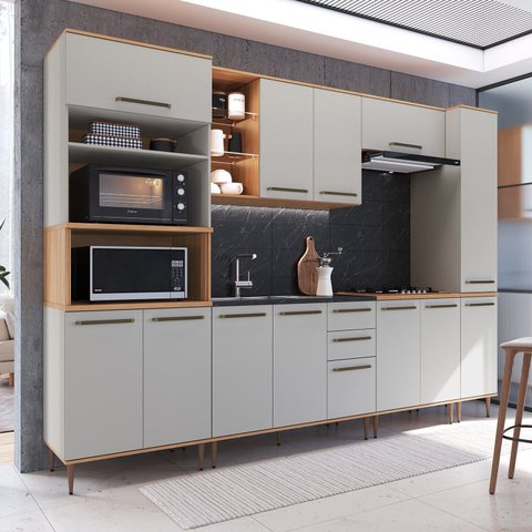 Cozinha Modulada Isabelle 6 Peças com Torre Quente para 2 Fornos Bege/Freijó/Arenas