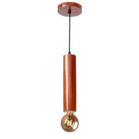 Luminária Pendente Cilindro Tubo de Madeira Maciça 1 Metro E27 Lustre - Cor Mogno