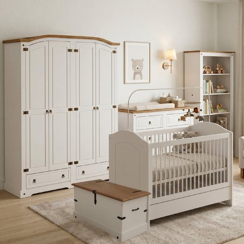 Quarto de Bebê Completo 100% MDF com Guarda Roupa Cômoda Berço Estante e Baú Smile Bege Creme/Carval