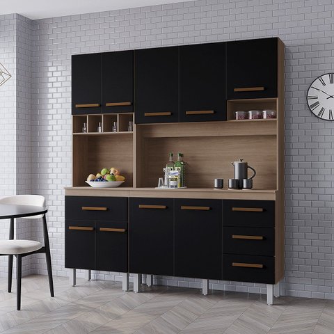 Kit Cozinha Compacta Vitória 178 cm 5 Portas 4 Gavetas Moblis: Savana Preto