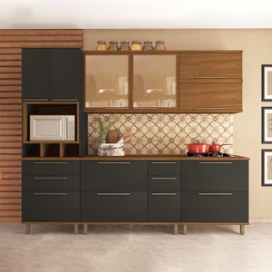 Cozinha Modulada Paneleiro 70cm  Aéreo 120cm com Vidros Reflecta 2 Aéreos geladeira 80cm Balcão com Tampo 120cm Balcão 80cm Completa 6 Peças Madri