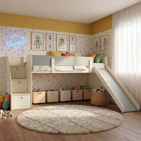 Cama Alta com Escada Lateral e Escorregador Artsy Casatema MadeiraOriginals Natural/Verde