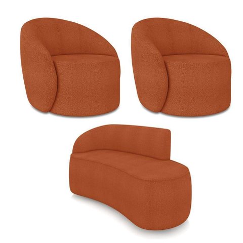 Sofá 2 Lugares Orgânico 140cm Morgan e 2 Poltronas Lua Bouclê Terracota D03 - D'Rossi