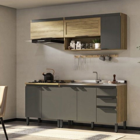 Cozinha Modulada 4 Peças 2 Aéreos e 2 Balcões Magnólia Yescasa Preto/Mel/Grafite