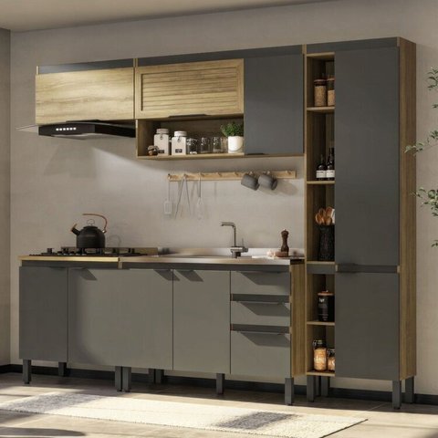 Cozinha Modulada 5 Peças 2 Aéreos 2 Balcões 1 Paneleiro Magnolia Yescasa Preto/Mel/Grafite