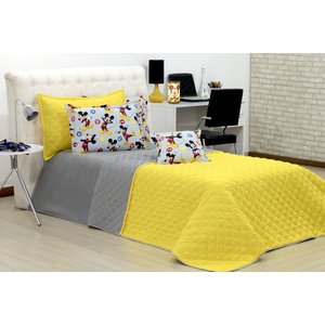 Cobreleito Mickey Solteiro Dupla Face Amarelo e Cinza 03 Pçs [f101]