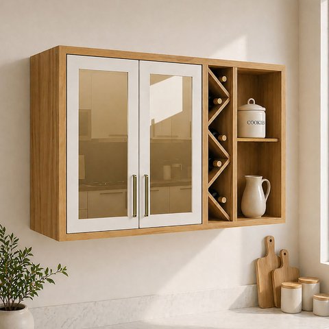 Armário Aéreo de Cozinha 120cm 2 Portas com Vidro Reflecta 100% MDF Barbados Espresso Móveis Bege/Amêndoa/Off White