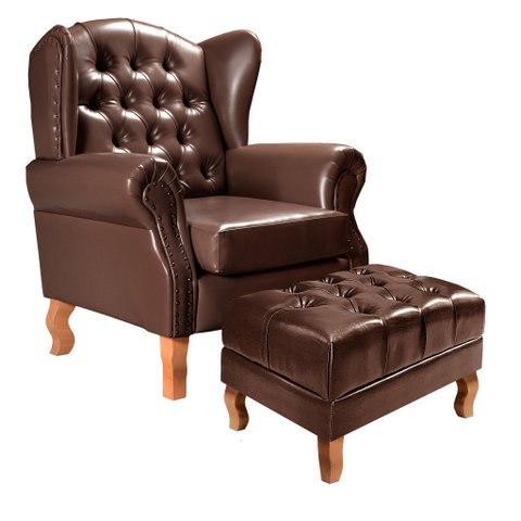 Poltrona e Puff Chesterfield Imperador Decoração Retrô Vintage Marrom Café