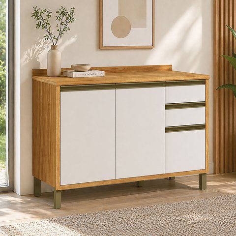 Balcão de Cozinha 120cm 2 Portas e 3 Gavetas com Tampo 100% MDF Barbados Espresso Móveis Bege/Amêndoa/Off White