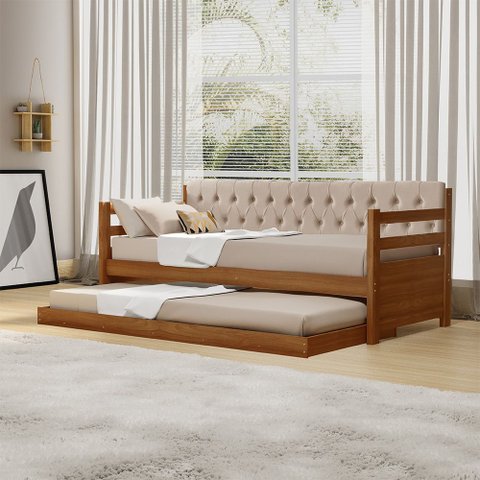 Bicama Solteiro Verona Estofado Capitonê Veludo Bege com Cama Auxiliar + 2 Colchões Madeira Castanho