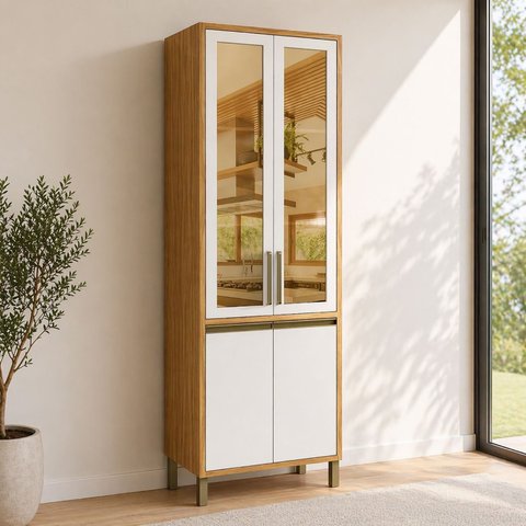 Paneleiro Cristaleira 4 Portas e Vidro Reflecta 100% MDF 70cm Barbados Espresso Móveis Bege/Amêndoa/
