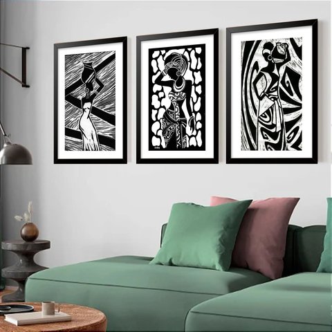 Kit 3 Quadros Grandes Afro 60x48cm:moldura Branca