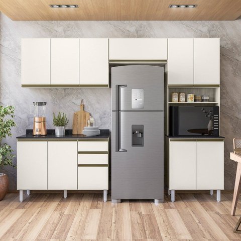 Cozinha Completa Modulada Paneleiro Microondas 4 Peças 100% MDF Angelita Branco/Bianco Tok/Off White Cetim