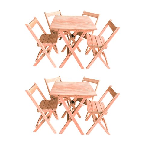 Kit 2 Conjuntos Mesa Dobrável 60x60cm com 4 Cadeiras em Madeira Maciça - Cru