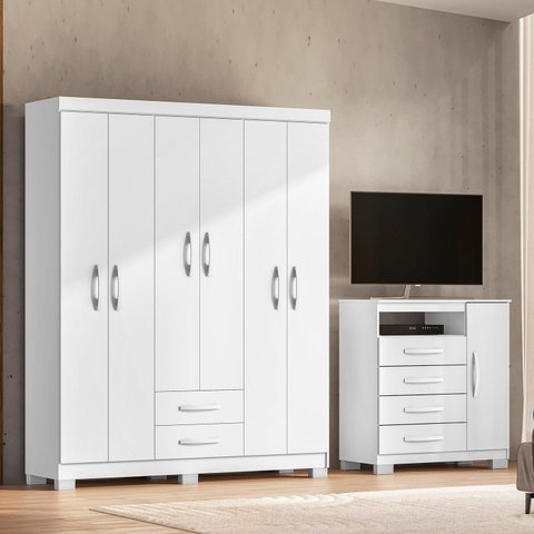 Guarda-Roupa Casal 6 Portas 2 Gavetas e Cômoda Sapateira 4 Gavetas Itapema Branco