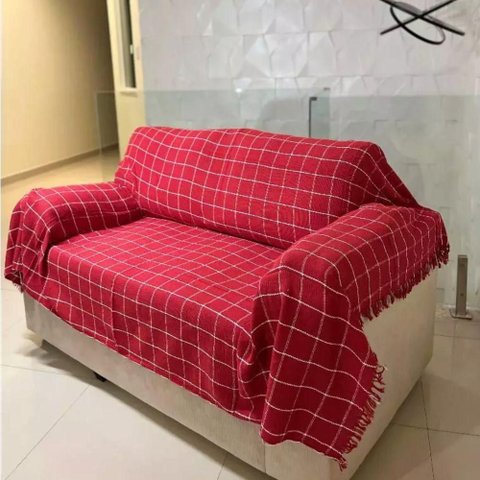 Kit 2 Manta para Sofá Grande 240x180cm 100% Algodão Artesanal Vermelho com Branco