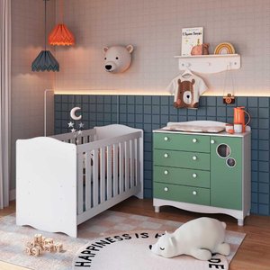 Quarto Infantil 3 Peças com Berço 3 em 1 Cômoda e Prateleira Cor:branco com Verde