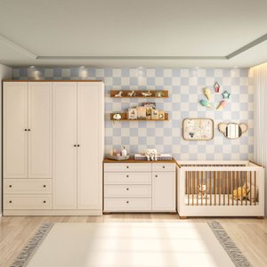 Quarto de Bebê Completo 1 Berço 1 Cômoda e 1 Guarda Roupa 4 Portas Baby Ananda Casatema