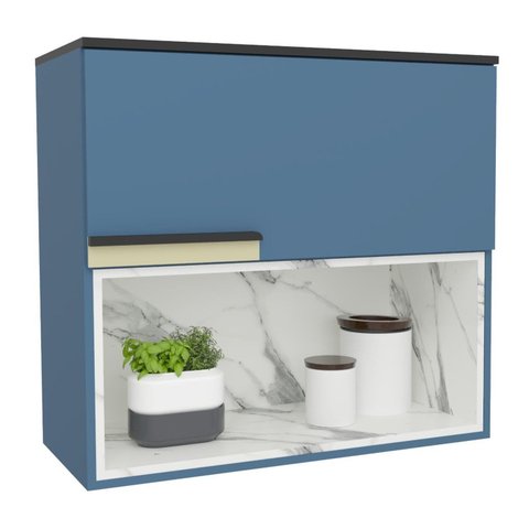 Armário Aéreo 80cm 1 Porta Basculante 1 Nicho Cozinha Flórida Azul/Órion/Calacatta