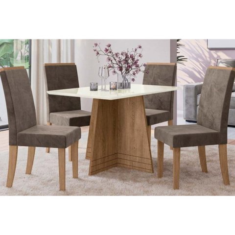 Sala de Jantar Completa Lótus Tampo Madeirado C/ Vidro 105x105cm e 4 Cadeiras 2cad142 Nogueira/off