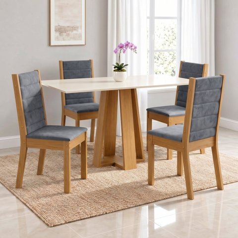 Conjunto Sala de Jantar Mesa Lisa 120cm Tampo MDF Canto Reto 4 Cadeiras Evelin
