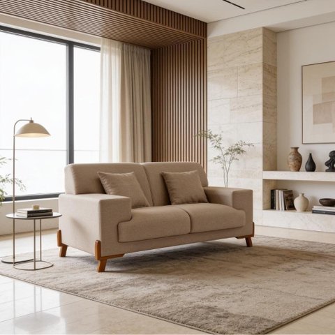 Sofá Milão 2 Lugares Fixo 159cm Bege Linho Pés Madeira Casa Imperial