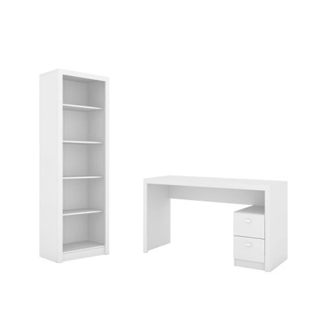 Escritório com Mesa para Computador 2 Gavetas com Armário Prateleiras Portas Branco - Fdecor