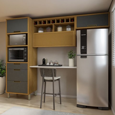 Cozinha 3 Peças Imperatriz Paneleiro Torre 2 Portas 3 Gavetas, Armário Aéreo 1 Porta e Armário Aéreo Geladeira