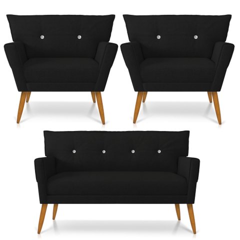Kit 01 Namoradeira 02 Lugares e 02 Poltronas Anitta Linho Preto A79 com Strass Pés Palito Castanho