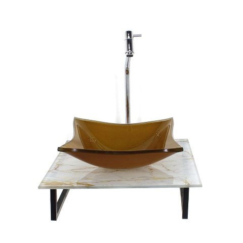 Gabinete de Vidro com Cuba Quadrada com Tampo de Vidro 40cm X 40cm Mármore Branco Dourado