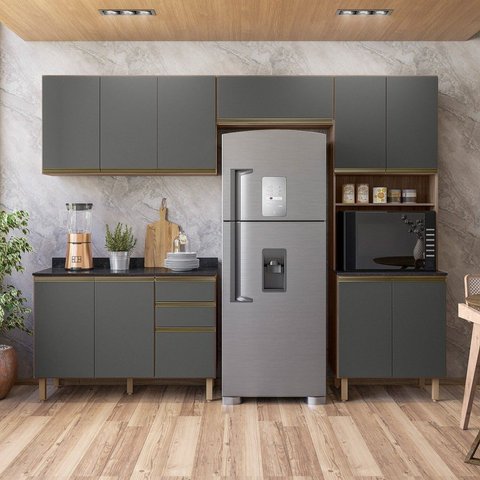 Cozinha Completa Modulada Paneleiro Microondas 4 Peças 100% MDF Angelita Cinza/Carvalho Tok/Chumbo