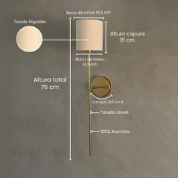 Kit 2 Arandelas de Parede Clássica Dourado Bivolt com Cúpula Bege+ Lâmpada Branco Frio - 2