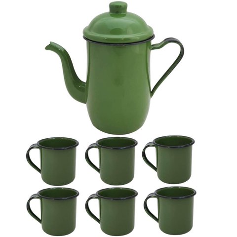 Bule Café Esmaltado 1,25 Litros e 6 Xícaras 70ml Tradicional Verde Botânico