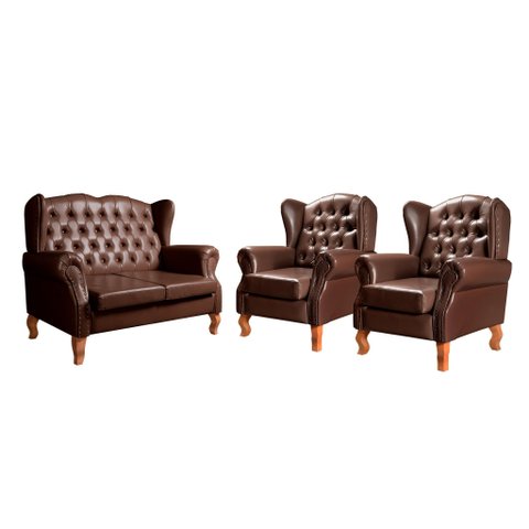 Conjunto Imperador Sofá com Poltronas Chesterfield Decoração Retrô Vintage Marrom