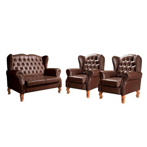 Conjunto Imperador Sofá com Poltronas Chesterfield Decoração Retrô Vintage Marrom