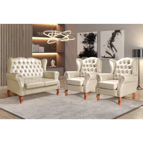 Conjunto Imperador Sofá com Poltronas Chesterfield Decoração Retrô Vintage Bege