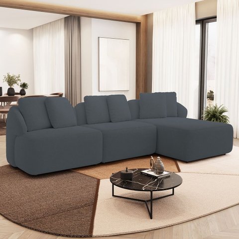 Sofá 4 Lugares com Chaise Direito Sala Living 288cm Arlo F04 Bouclê Grafite - Lyam Decor
